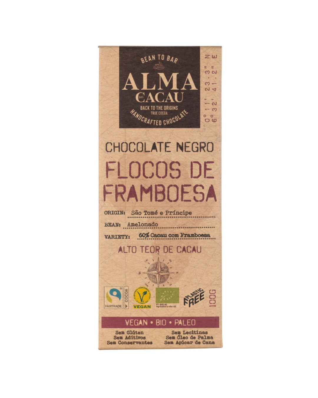 BIO Dark Chocolate 60% Cocoa with Raspberry Flakes Alma do Cacau 100g