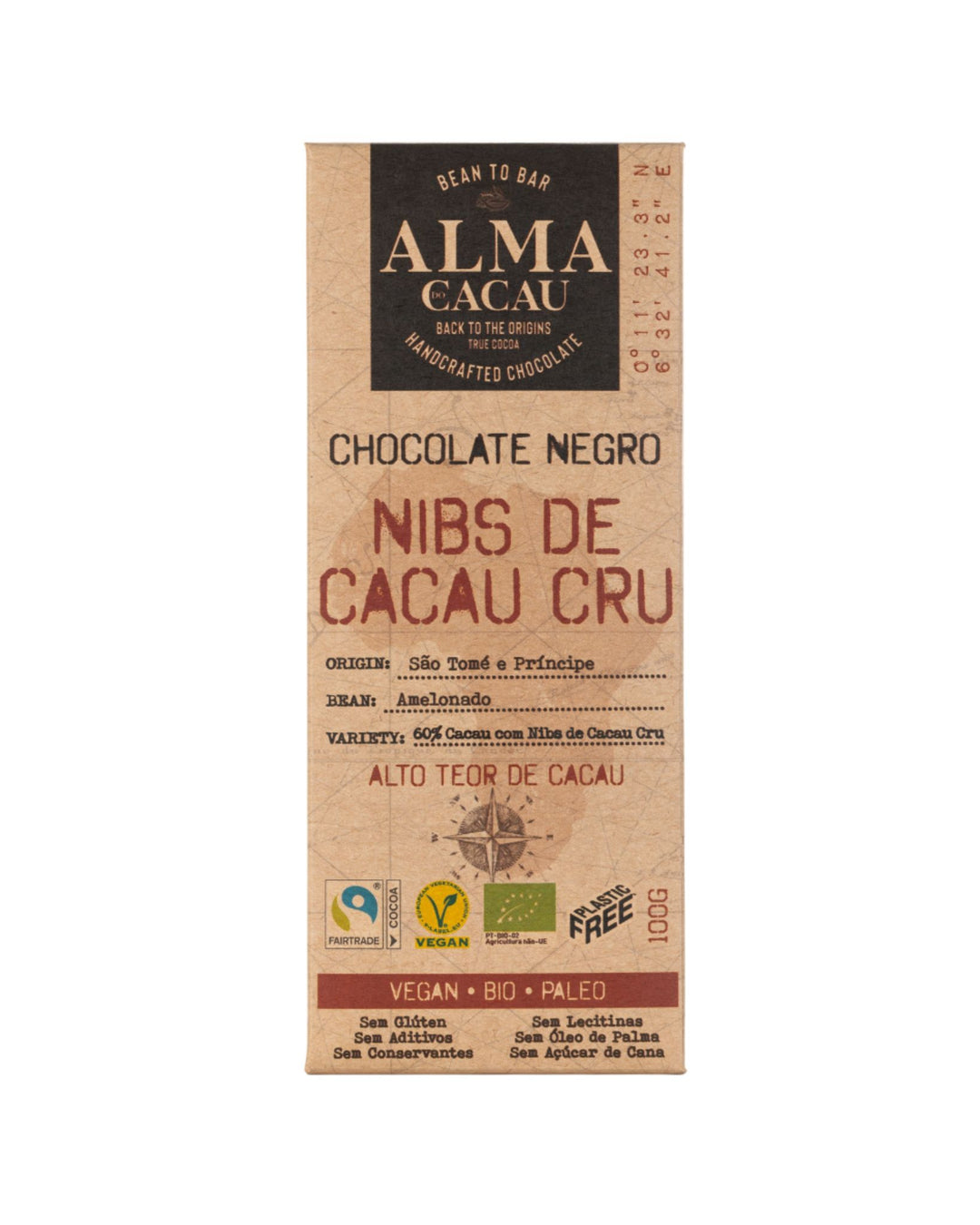 Chocolate Negro BIO 60% Cacau c/ Nibs de Cacau Cru Alma do Cacau 100g